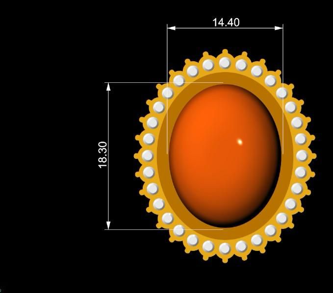 CAD drawing for an oval red gemstone setting with dimensions marked